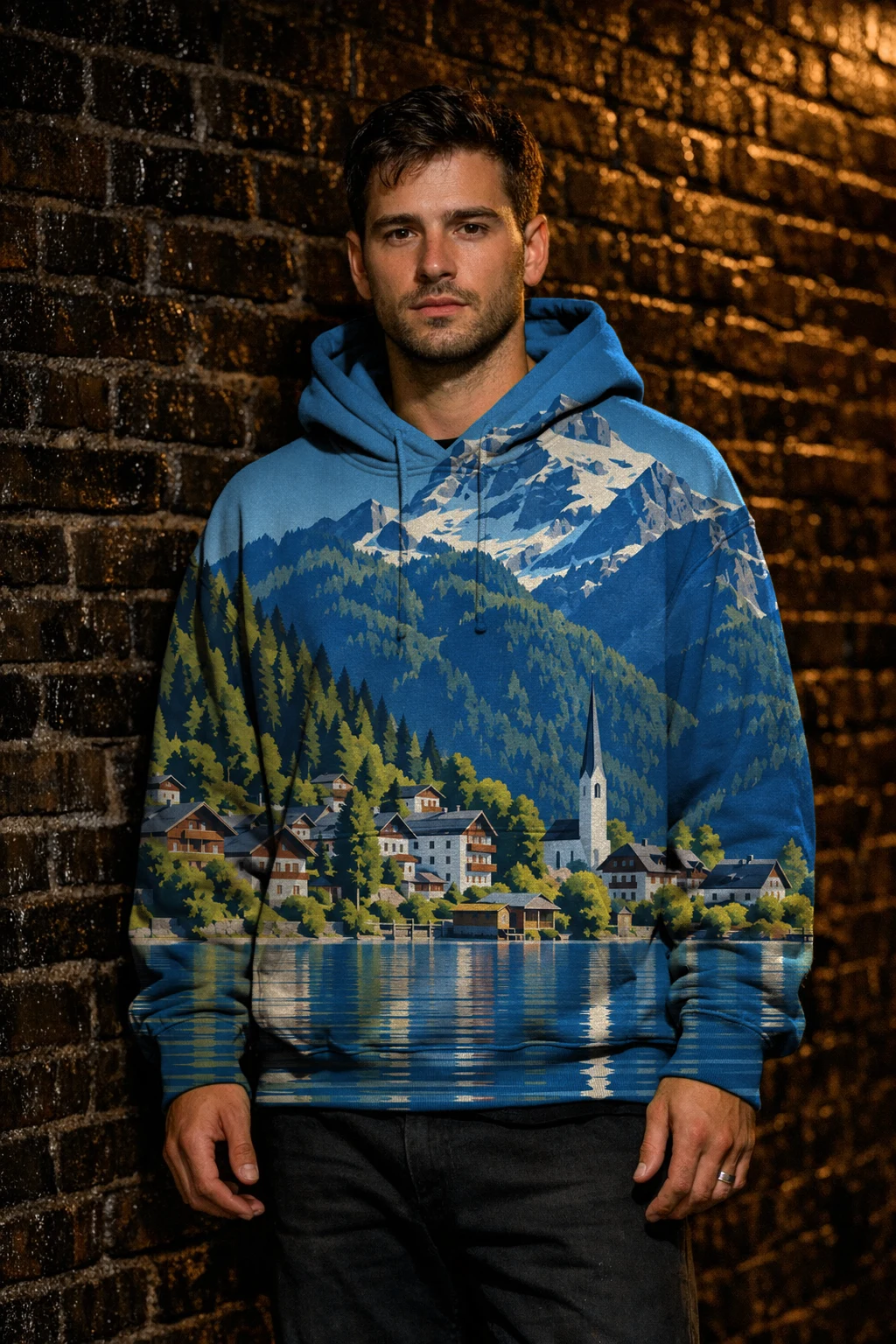 A man against a brick wall in a hoodie printed edge to edge with the Ocean Deco 1935 lake village and its peak