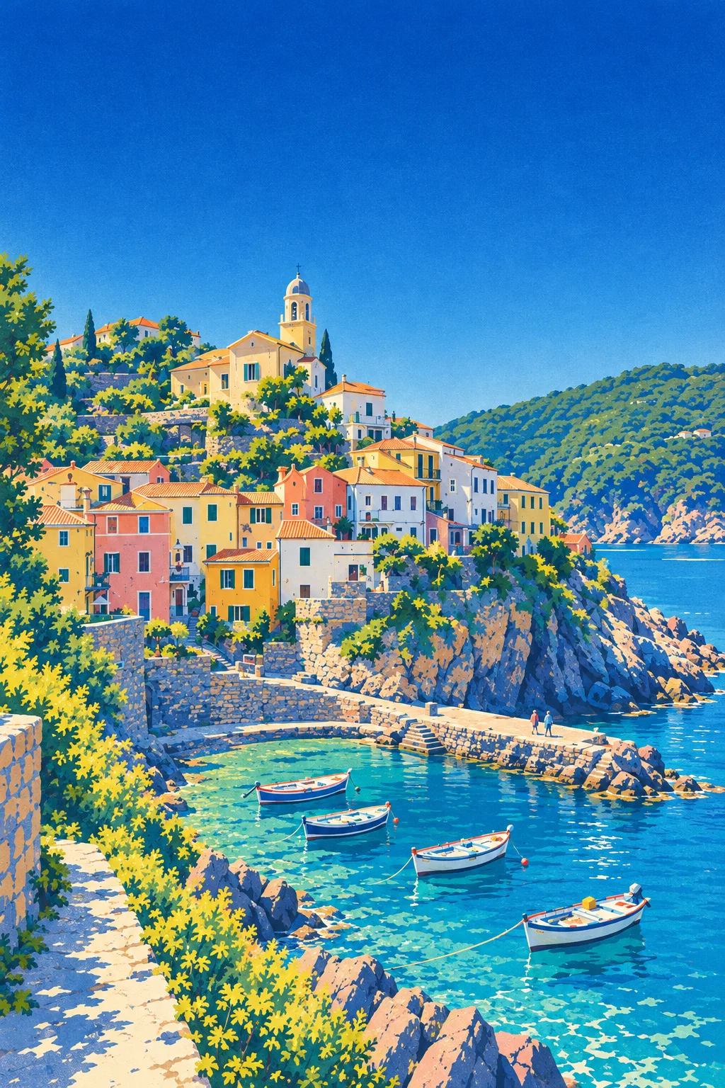 Harbour Town painted in the Alpine Lithograph 1925 school: Fine colour lithograph, gentian sky, sunlit planes