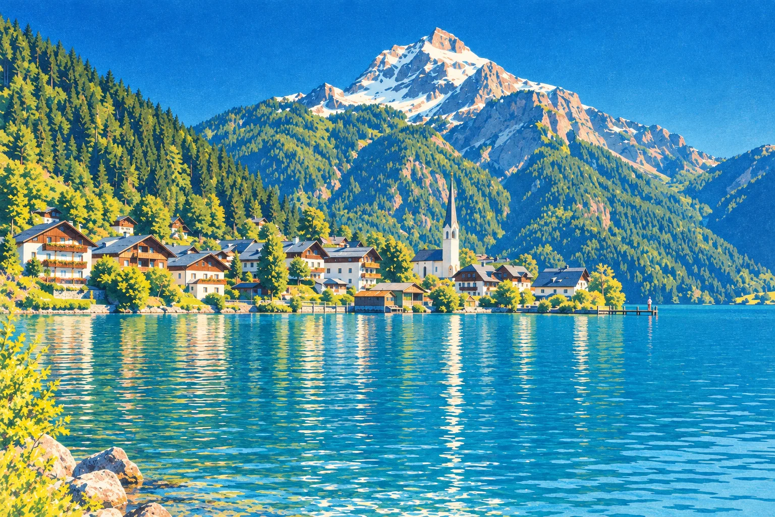 Lake Village painted as a Alpine Lithograph 1925 postcard: Your view, in the clear air of a Swiss poster