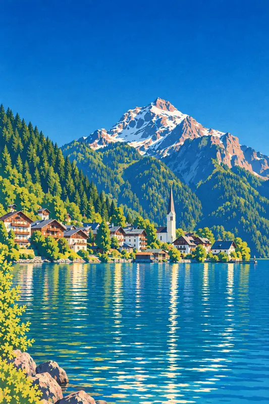 Lake Village — Alpine Lithograph 1925