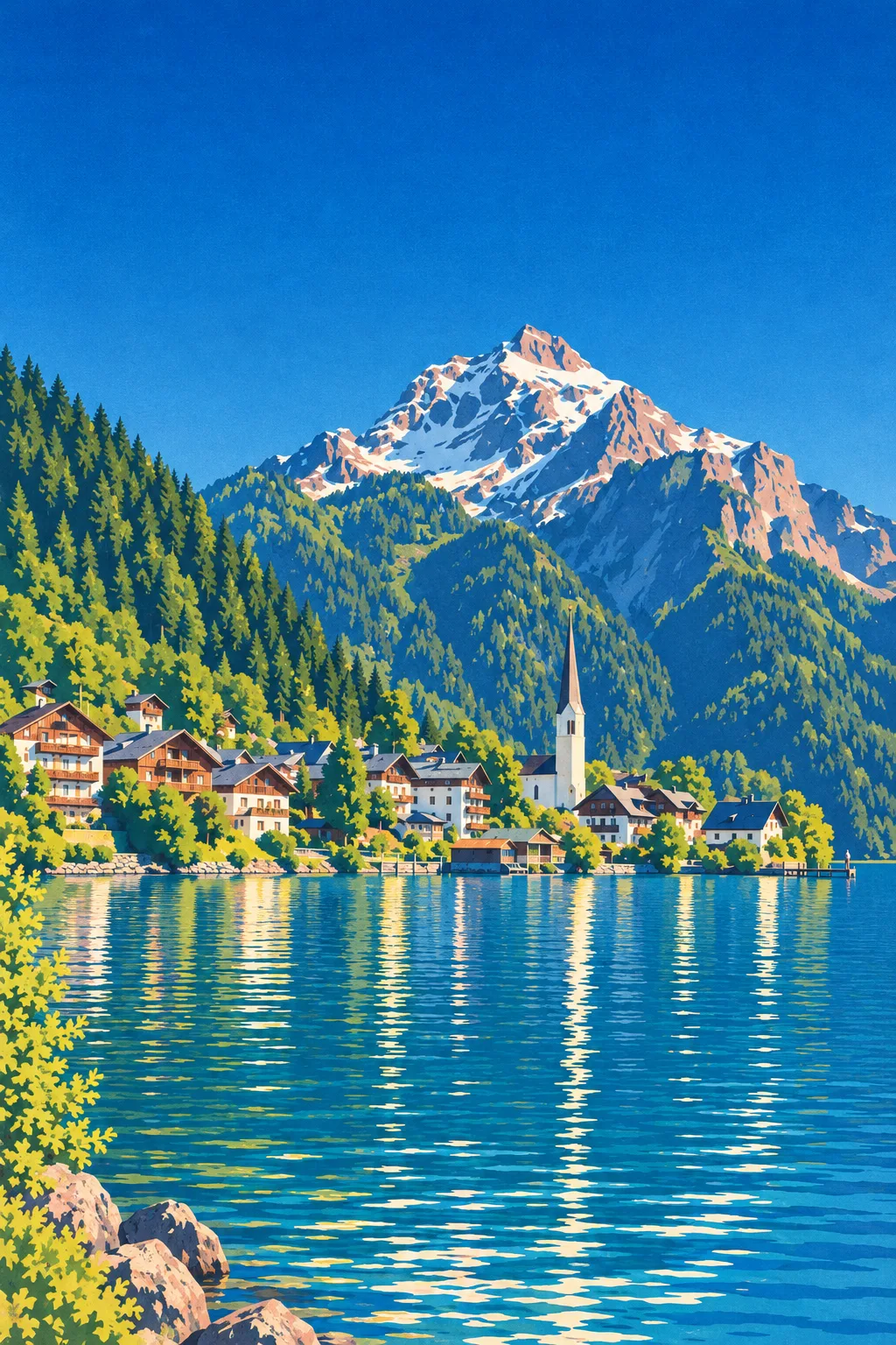 Lake Village painted in the Alpine Lithograph 1925 school: chalets and a white church spire on a still lake under a snow peak, framed with a white mount