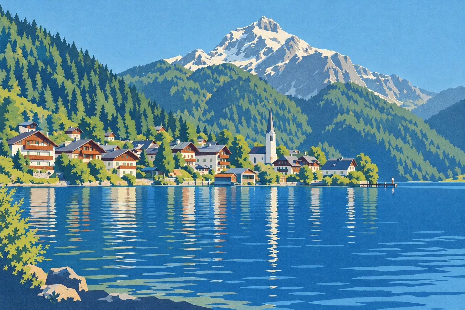 Lake Village painted as a Coast Line 1931 postcard: Your coast, as the 1931 railway sold it
