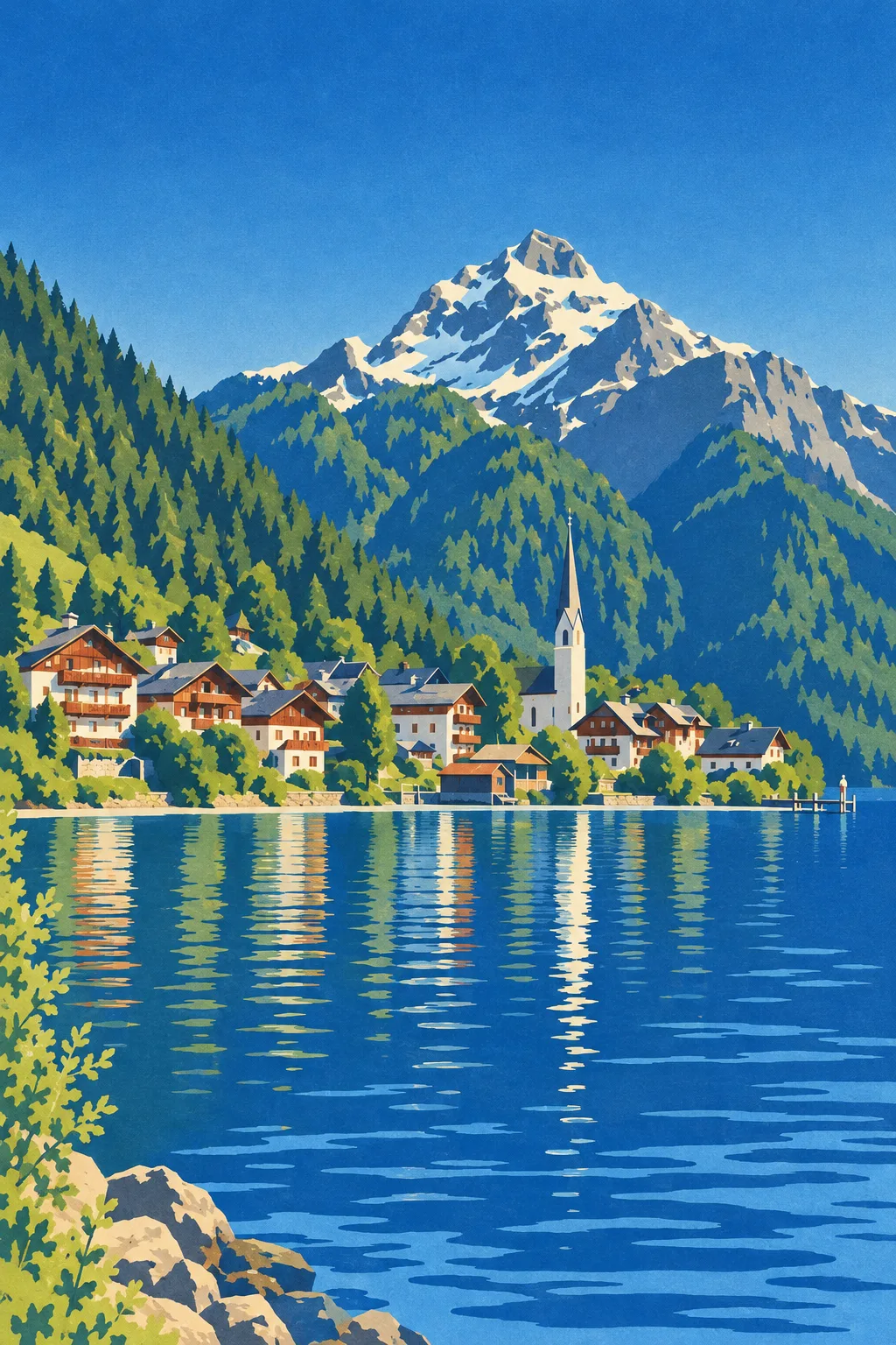 Lake Village painted in the Coast Line 1931 school: Flat-plane lithograph, the water in two blues