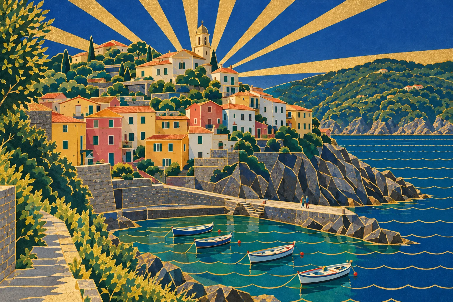 Harbour Town painted as a Grand Saloon 1934 postcard: Your view, in gold leaf and black lacquer