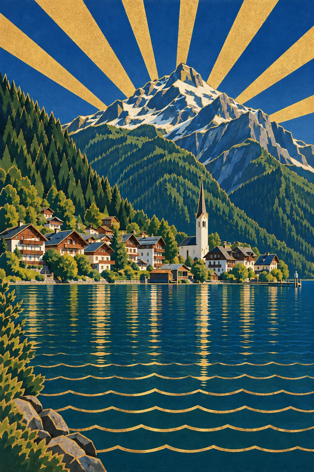 Lake Village painted in the Grand Saloon 1934 school: First-class saloon Deco, gilt line and sunburst
