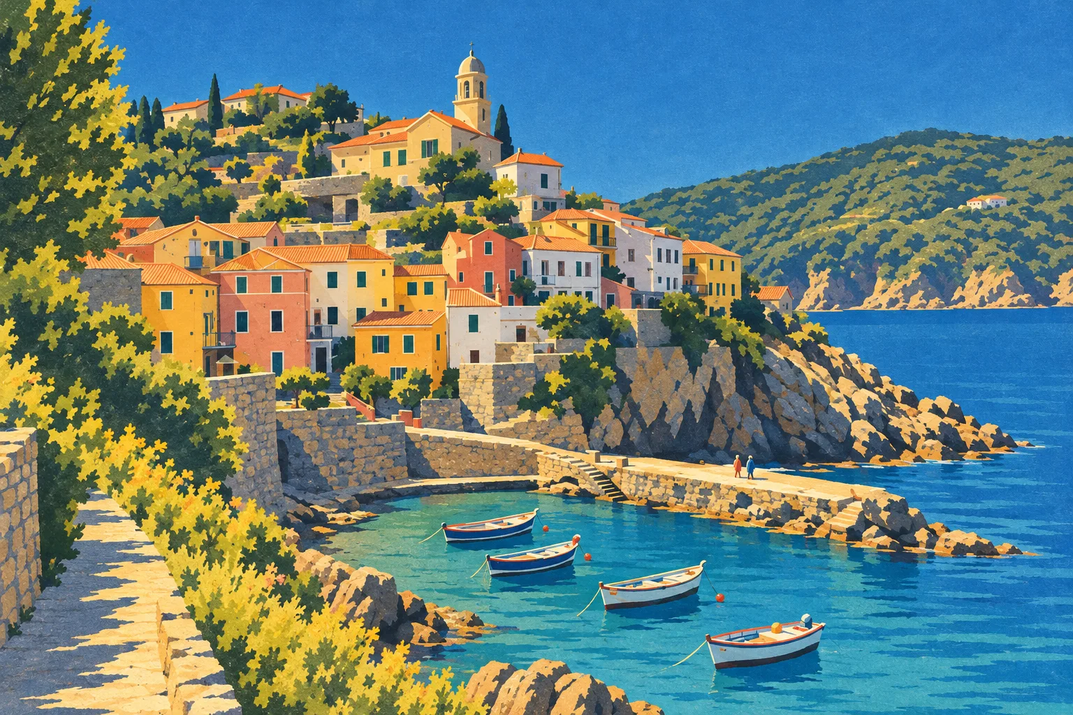 Harbour Town painted as a Italian Modern 1936 postcard: Your square, built from bold rationalist planes
