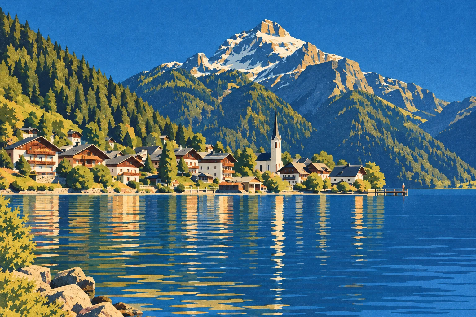 Lake Village painted as a Italian Modern 1936 postcard: Your square, built from bold rationalist planes
