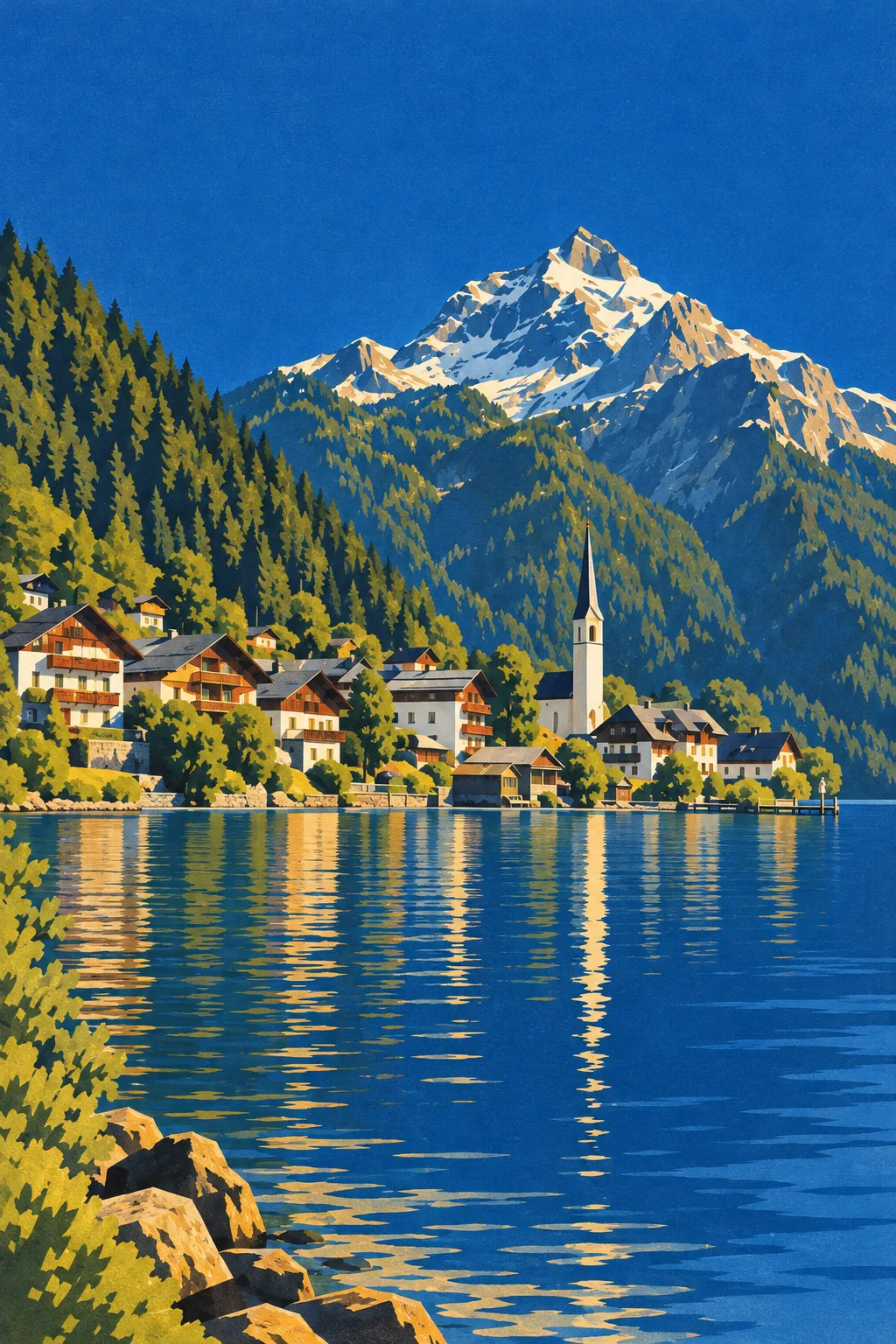 Lake Village painted in the Italian Modern 1936 school: Italian state-tourism modern: solid volumes, hard shadow