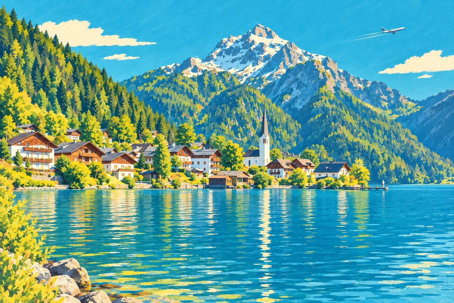 Lake Village painted as a Jet Age 1958 postcard: Your view, the summer the jets arrived