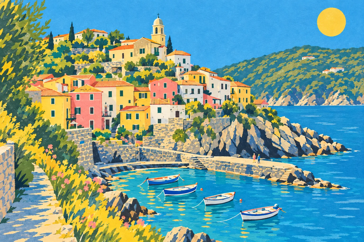 Harbour Town painted as a Mediterranean 1955 postcard: Your harbour, in the summer of 1955