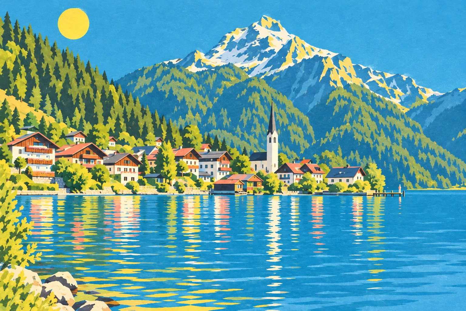 Lake Village painted as a Mediterranean 1955 postcard: Your harbour, in the summer of 1955