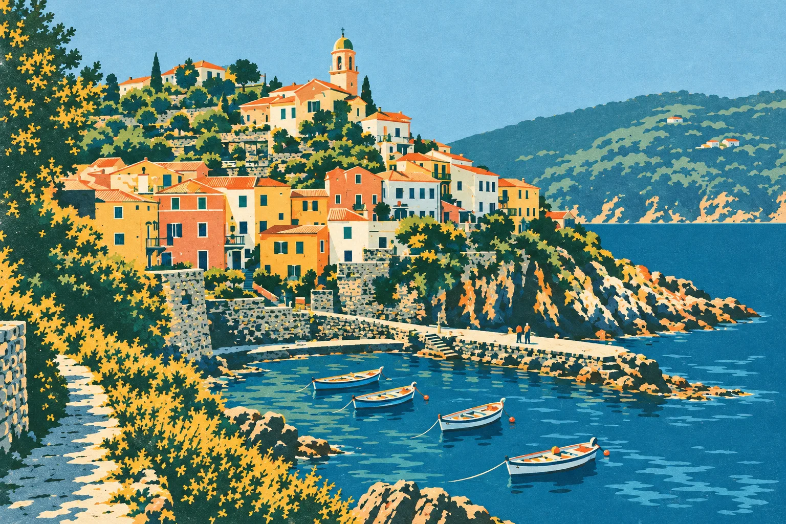 Harbour Town painted as a Park Service 1939 postcard: Your view, pulled in six silkscreen inks