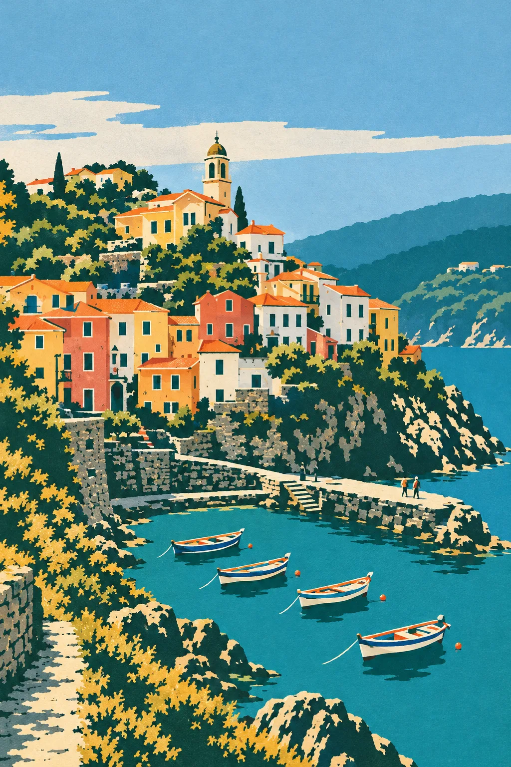 Harbour Town painted in the Park Service 1939 school: ochre, coral and white houses climbing to a bell tower, a stone quay, and four rowing boats on teal water, in flat silkscreen inks