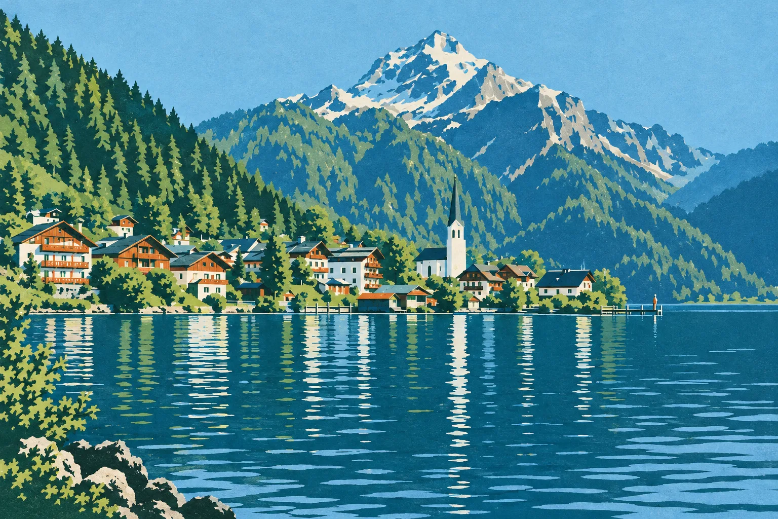 Lake Village painted as a Park Service 1939 postcard: Your view, pulled in six silkscreen inks