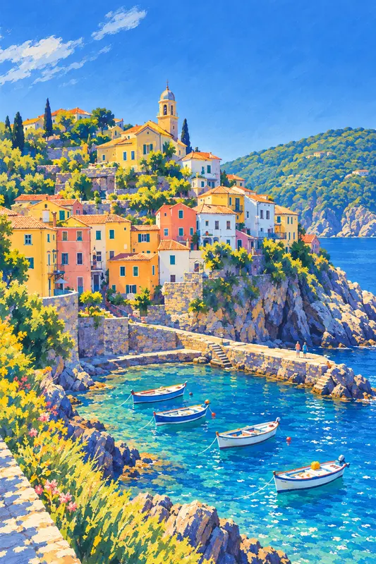Harbour Town in Riviera Gouache 1930: Your terrace, in the Riviera noon