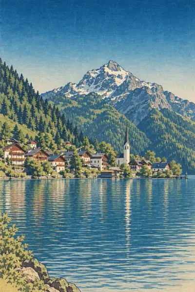 Lake Village, Woodblock 1935, framed on a living room wall