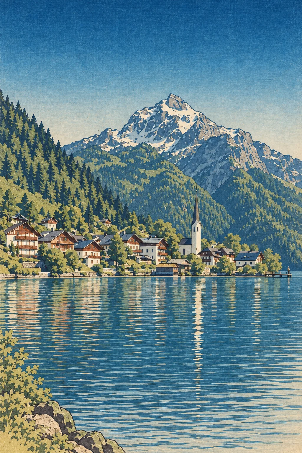Lake Village painted in the Woodblock 1935 school: Japanese travel woodblock, bokashi sky, keyblock line
